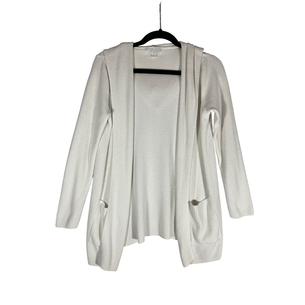 Barefoot Dreams CozyChic Ultra Lite Hooded Duster Cardigan Sz L White Open Front